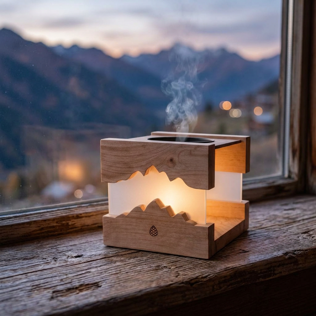 Zirben-Diffusor für Teelicht auf einer Fensterbank vor Bergkulisse in der Abenddämmerung