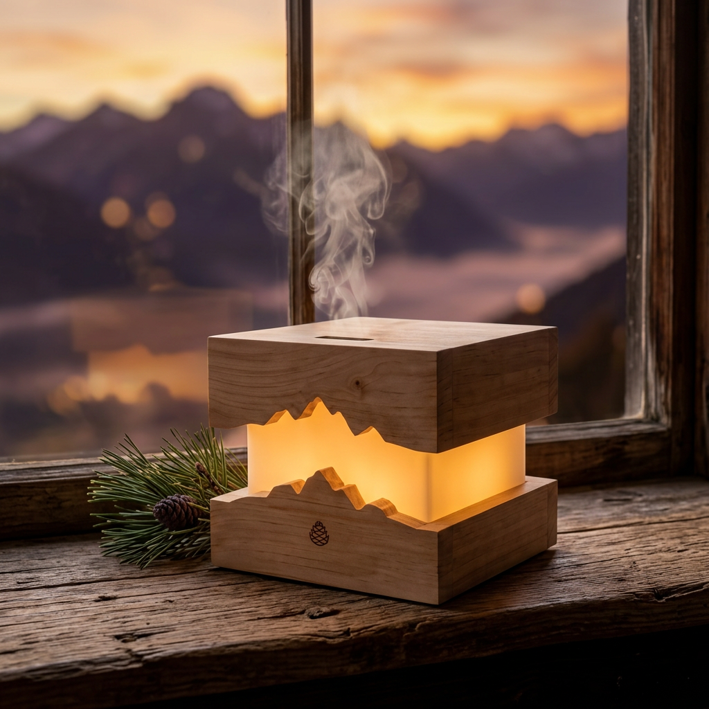 Elektrischer Zirben-Diffusor mit LED-Licht auf einer Fensterbank vor Bergkulisse im Abendlicht